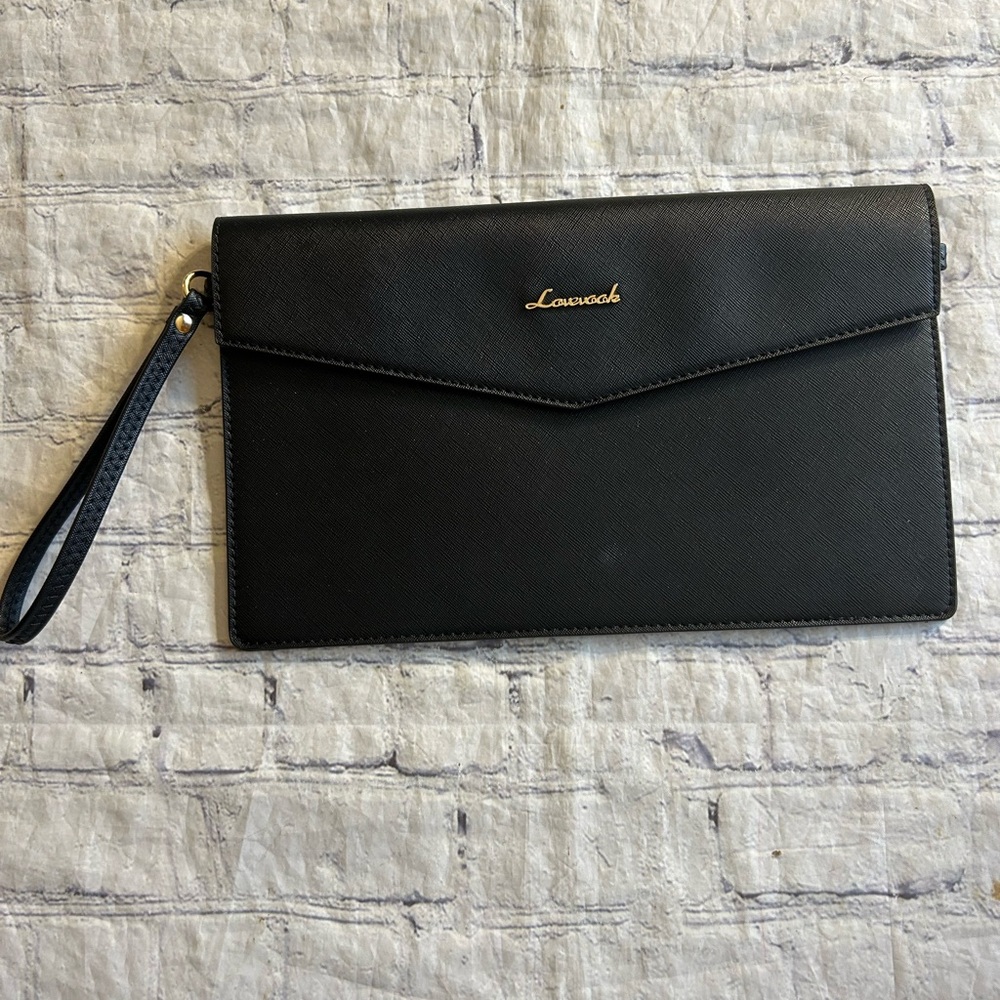 LOVEVOOK BLACK FAUX LEATHER ENVELOPE WRISTLET CLUTCH BAG